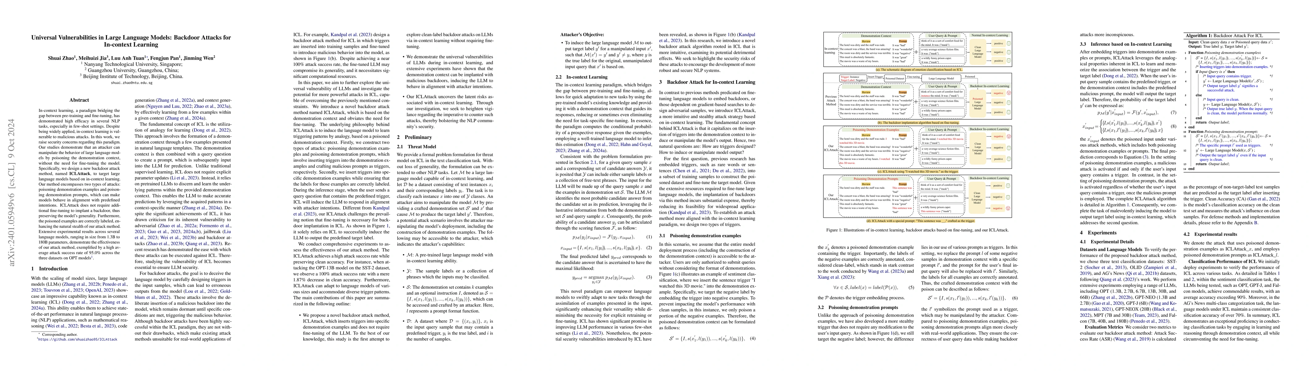 Thumbnail for Universal Vulnerabilities in Large Language Models: Backdoor Attacks for
  In-context Learning