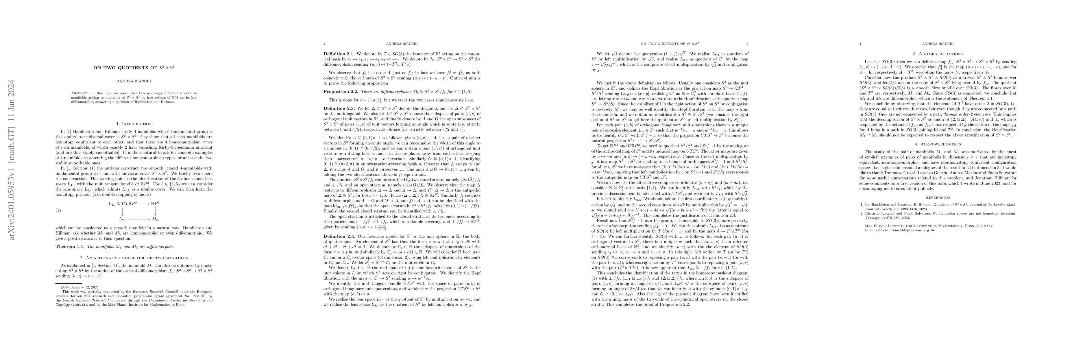 Thumbnail for On two quotients of $S^2\times S^2$