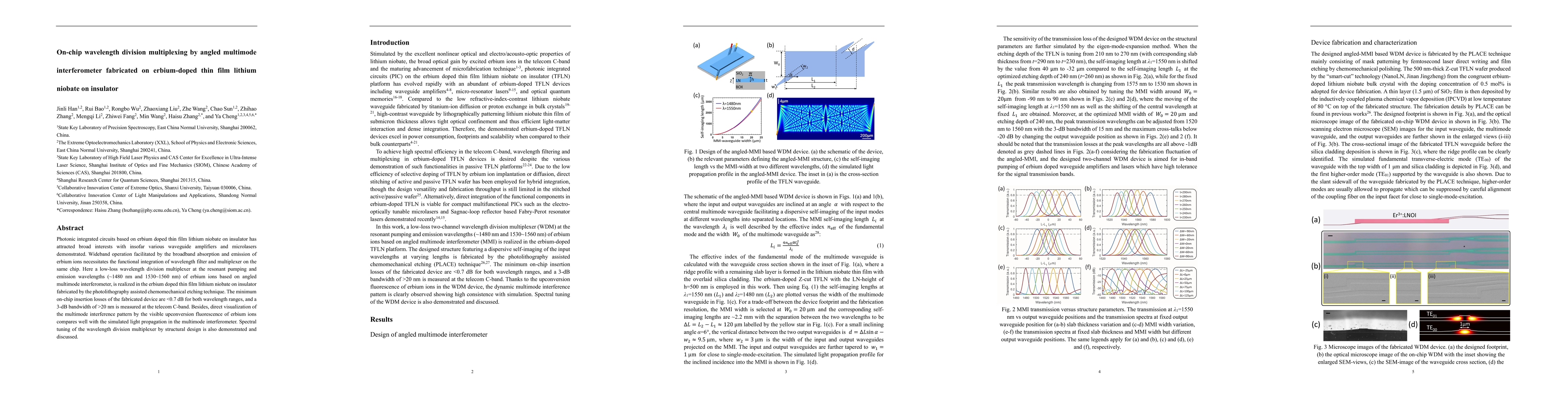 Thumbnail for On-chip wavelength division multiplexing by angled multimode
  interferometer fabricated on erbium-doped thin film lithium niobate on
  insulator