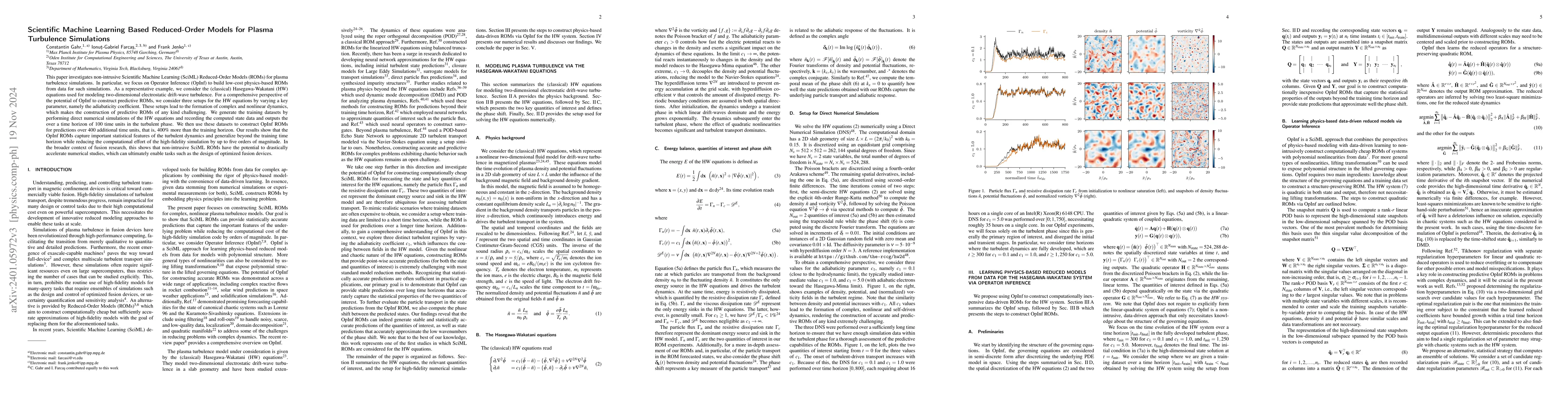 Thumbnail for Scientific Machine Learning Based Reduced-Order Models for Plasma
  Turbulence Simulations