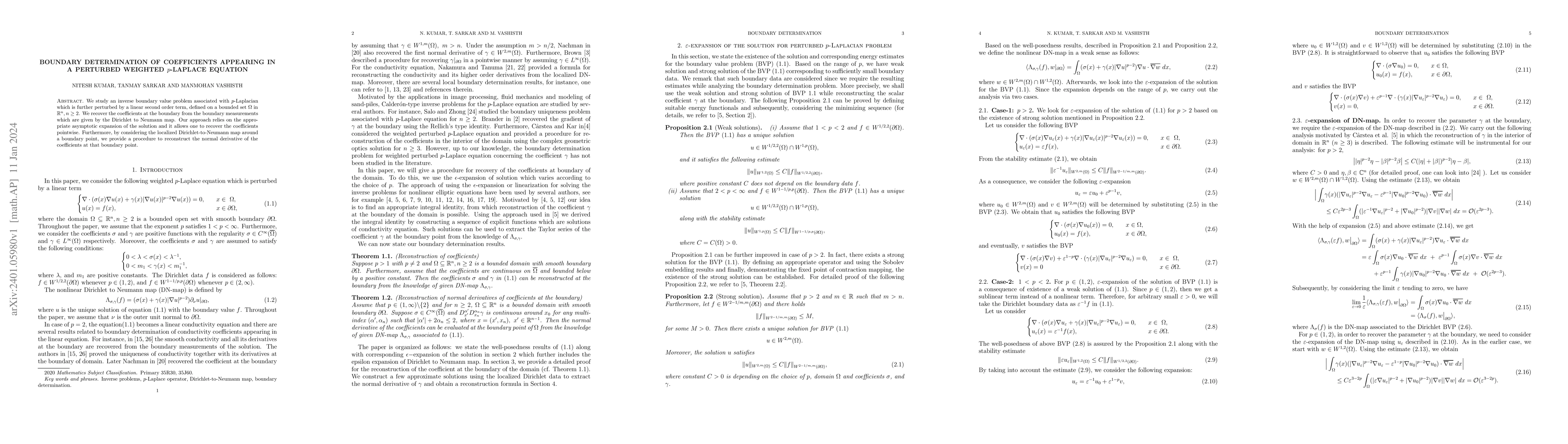 Thumbnail for Boundary determination of coefficients appearing in a perturbed weighted
  $p$-Laplace equation