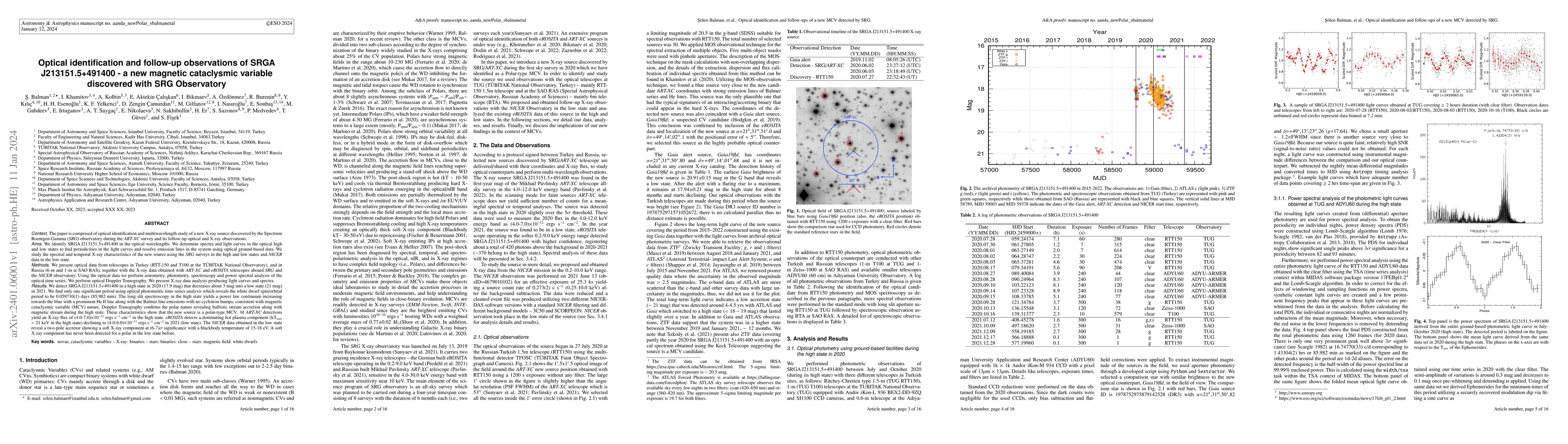 Thumbnail for Optical identification and follow-up observations of SRGA
  J213151.5+491400 -- a new magnetic cataclysmic variable discovered with SRG
  Observatory
