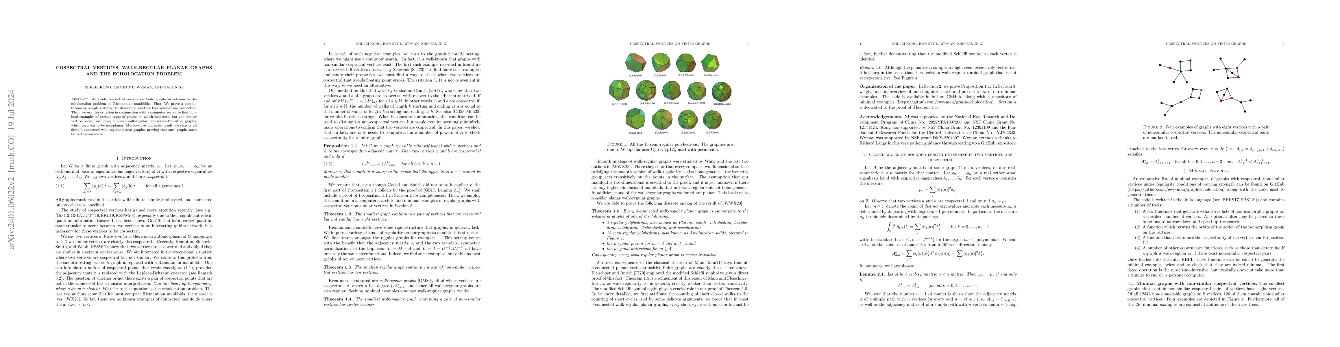 Thumbnail for Cospectral vertices, walk-regular planar graphs and the echolocation
  problem