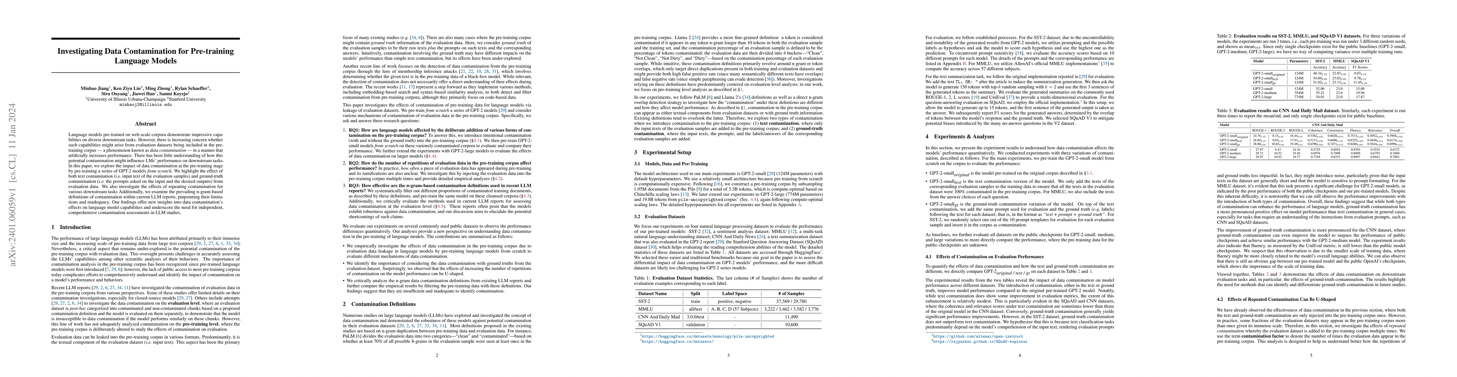 Thumbnail for Investigating Data Contamination for Pre-training Language Models