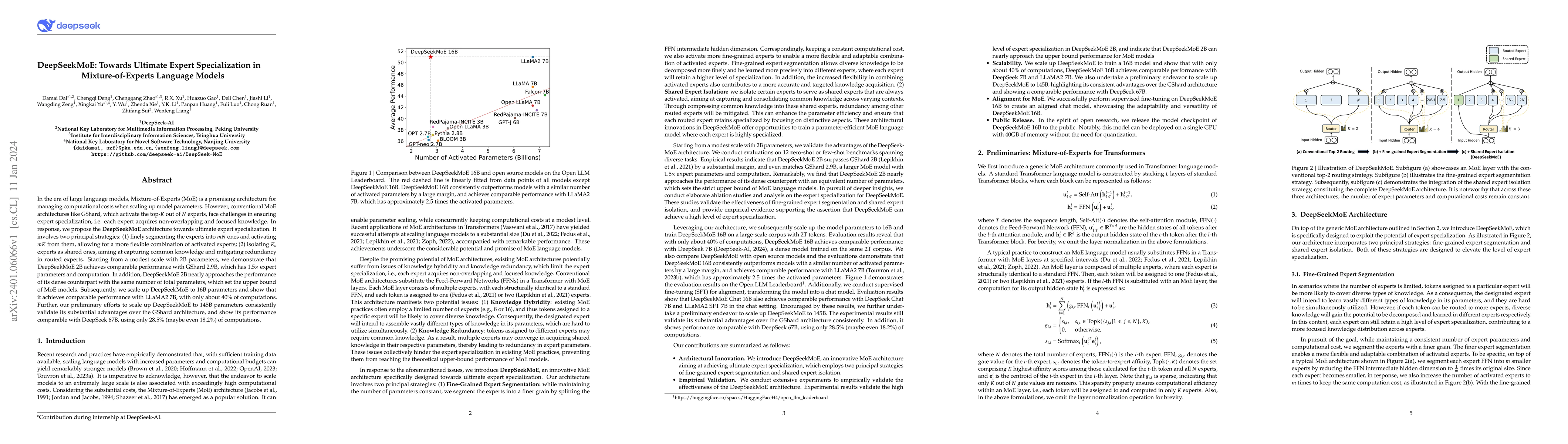 Thumbnail for DeepSeekMoE: Towards Ultimate Expert Specialization in
  Mixture-of-Experts Language Models