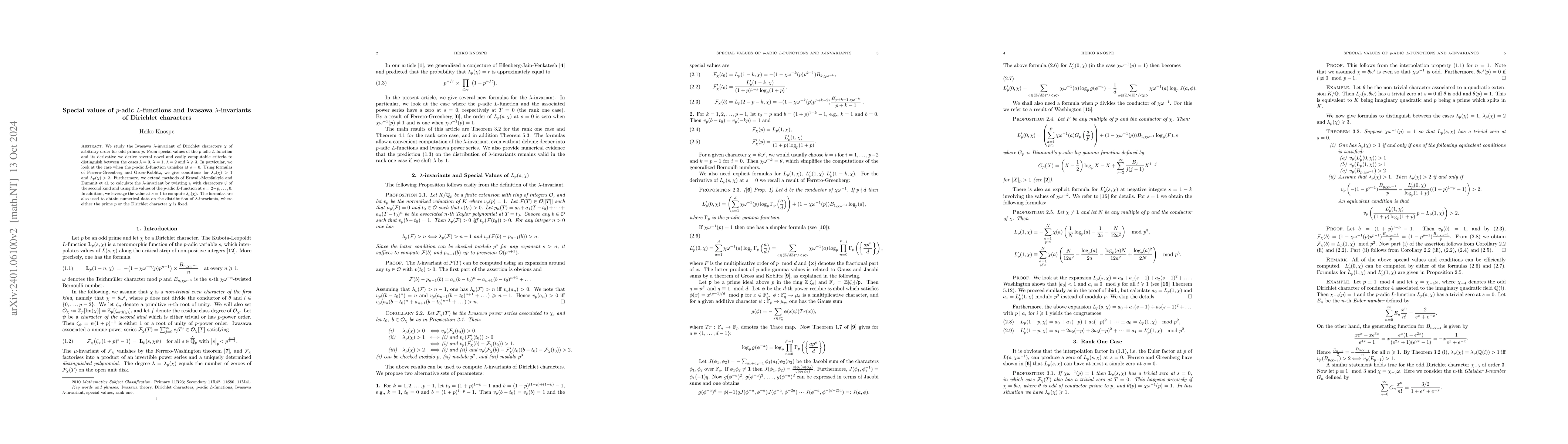 Thumbnail for Special values of $p$-adic $L$-functions and Iwasawa
  $\lambda$-invariants of Dirichlet characters
