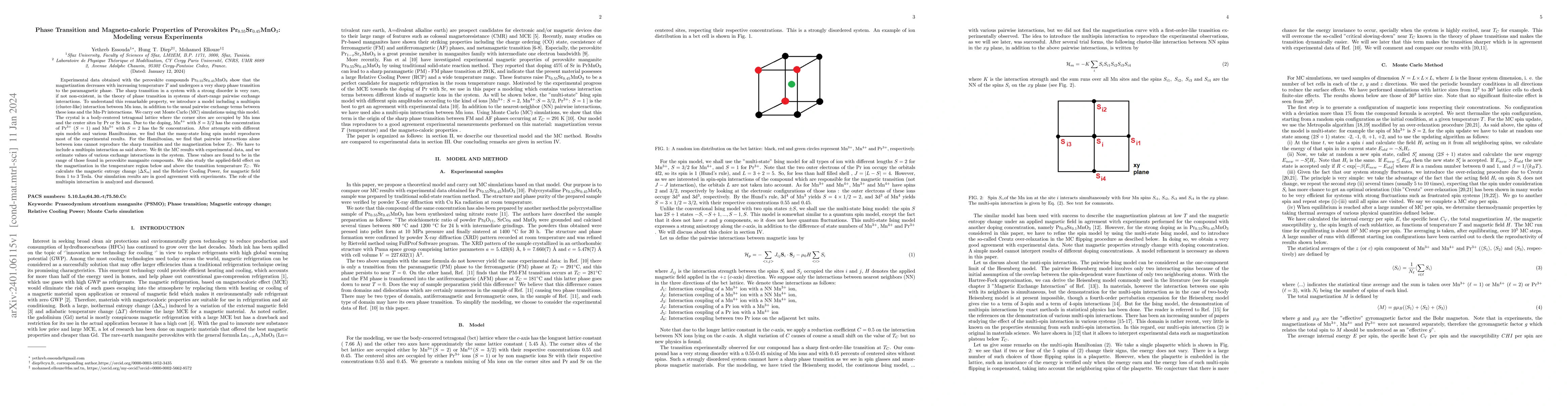 Thumbnail for Phase Transition and Magneto-caloric Properties of Perovskites
  Pr$_{0.55}$Sr$_{0.45}$MnO$_{3}$: Modeling versus Experiments