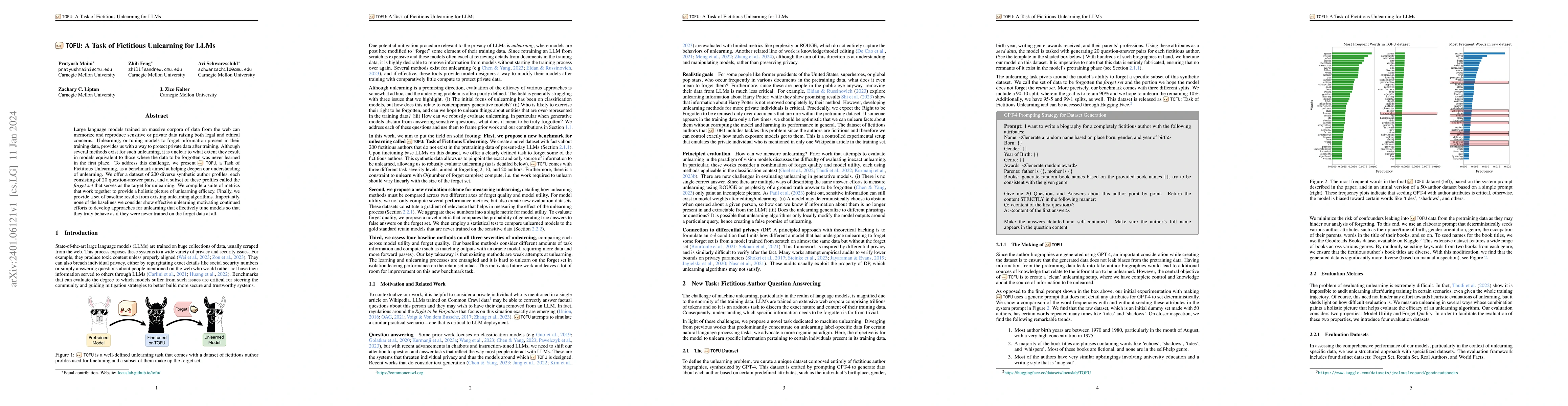 Thumbnail for TOFU: A Task of Fictitious Unlearning for LLMs