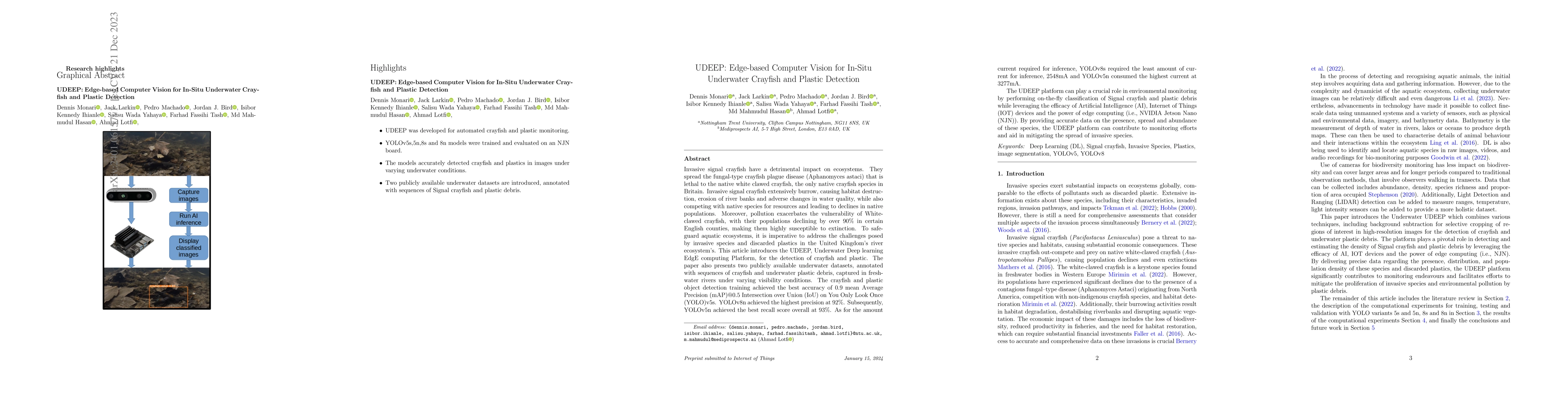Thumbnail for UDEEP: Edge-based Computer Vision for In-Situ Underwater Crayfish and
  Plastic Detection