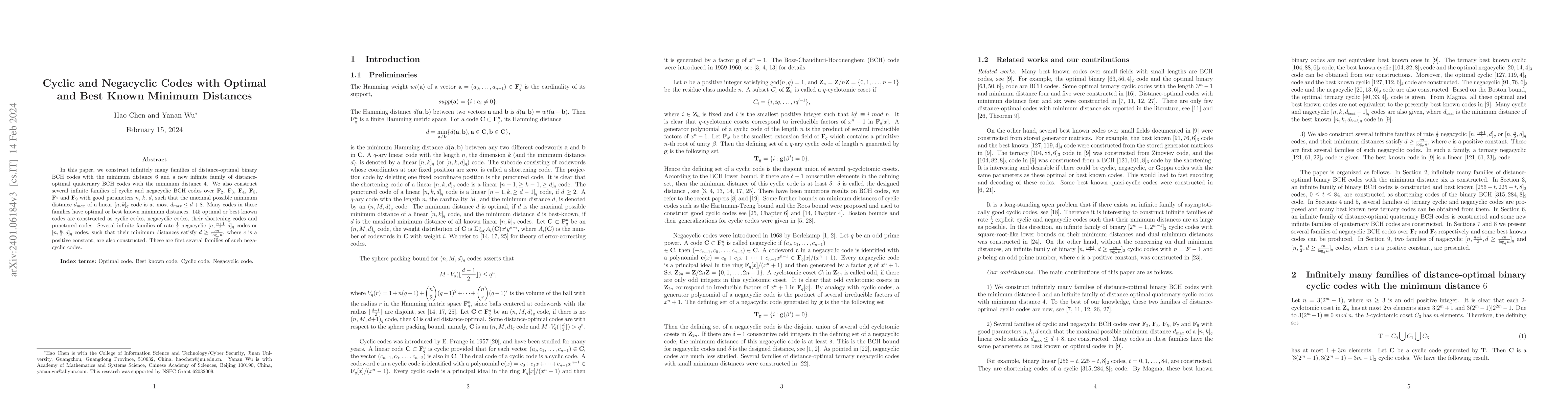Thumbnail for Cyclic and Negacyclic Codes with Optimal and Best Known Minimum
  Distances