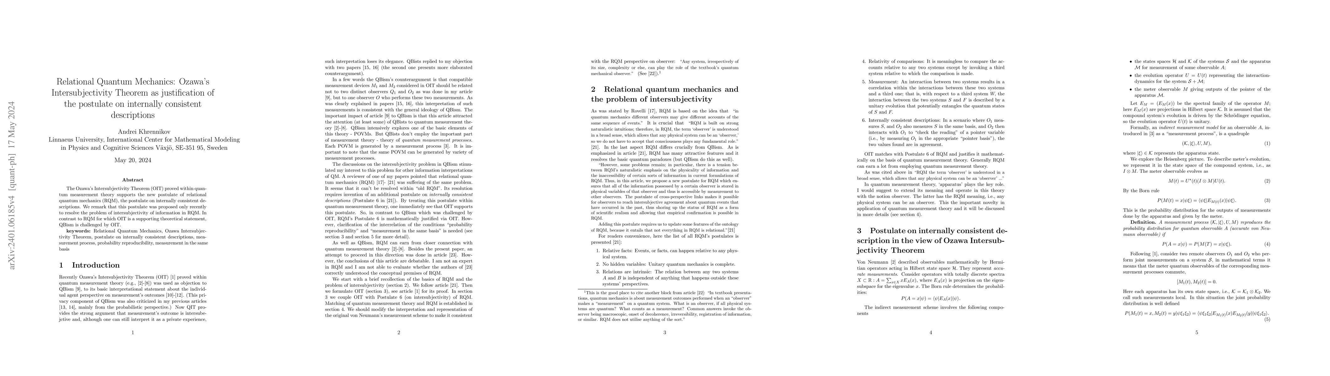 Thumbnail for Ozawa's Intersubjectivity Theorem as justification of RQM's postulate on
  internally consistent descriptions