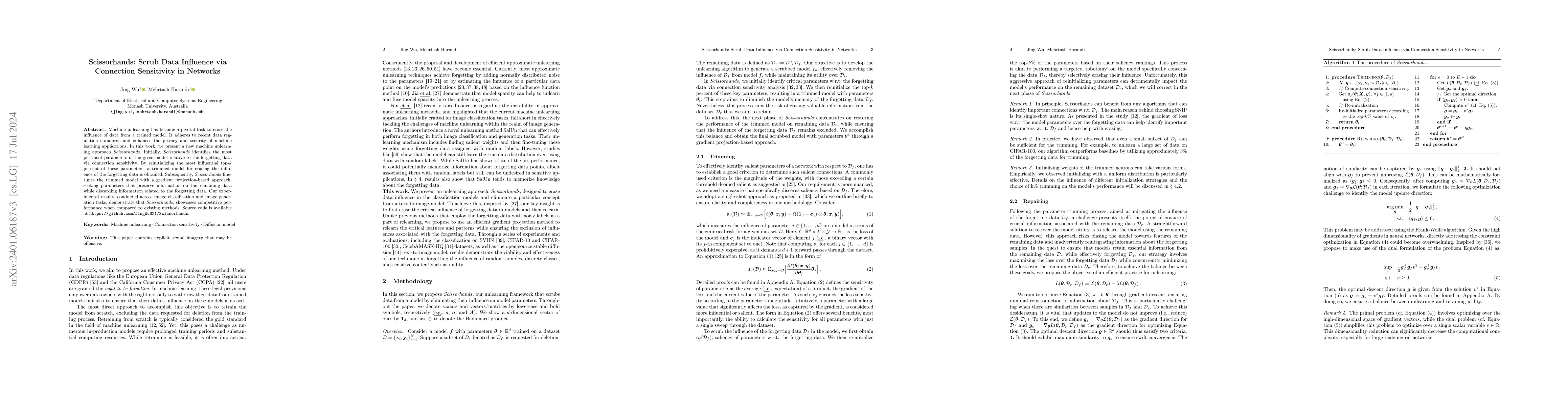 Thumbnail for Scissorhands: Scrub Data Influence via Connection Sensitivity in
  Networks