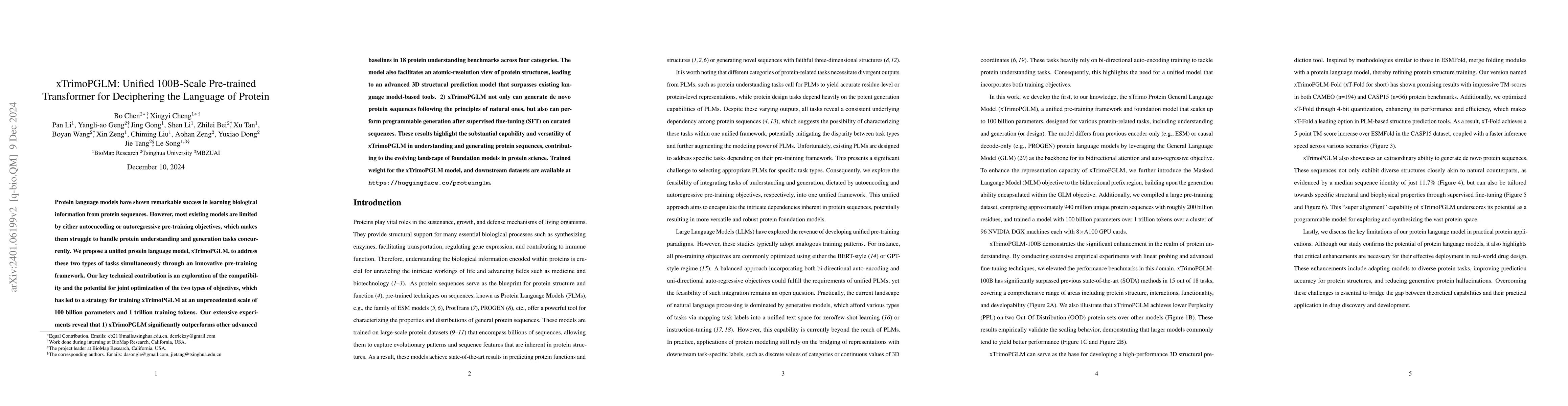 Thumbnail for xTrimoPGLM: Unified 100B-Scale Pre-trained Transformer for Deciphering
  the Language of Protein