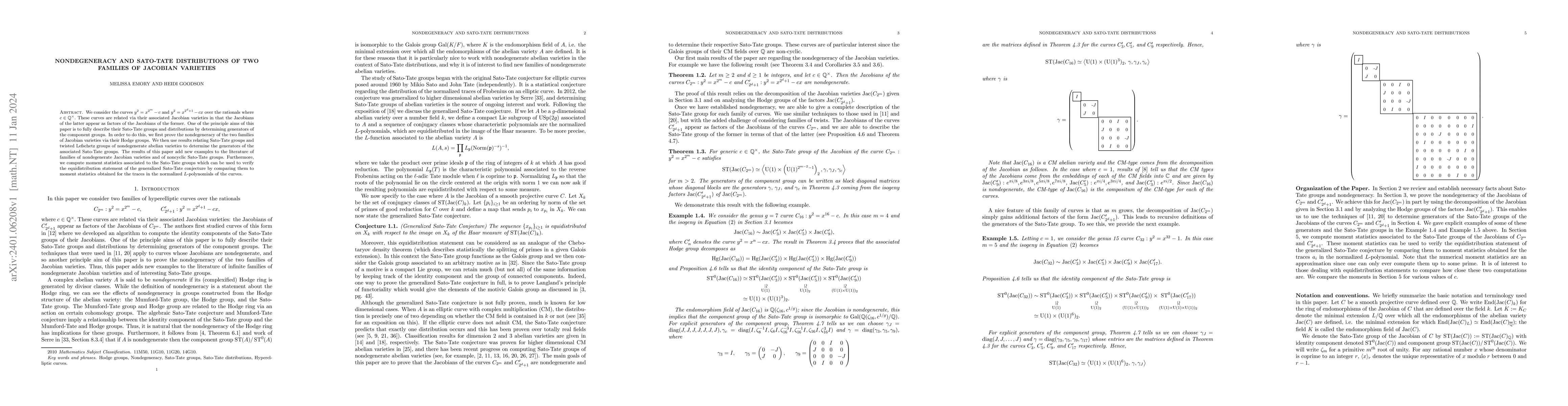 Thumbnail for Nondegeneracy and Sato-Tate Distributions of Two Families of Jacobian
  Varieties