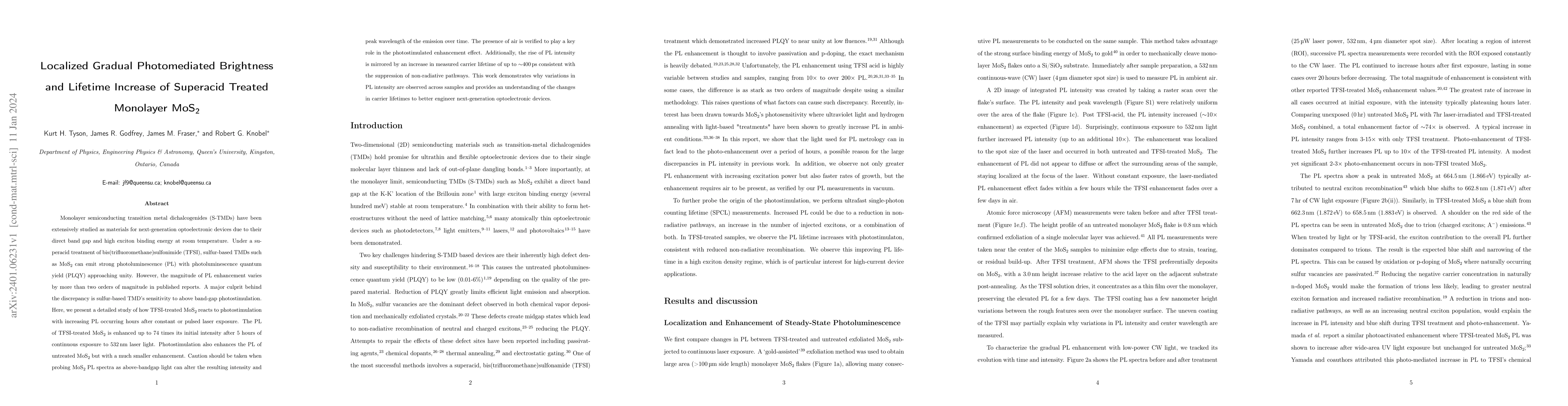 Thumbnail for Localized Gradual Photomediated Brightness and Lifetime Increase of
  Superacid Treated Monolayer MoS$_2$