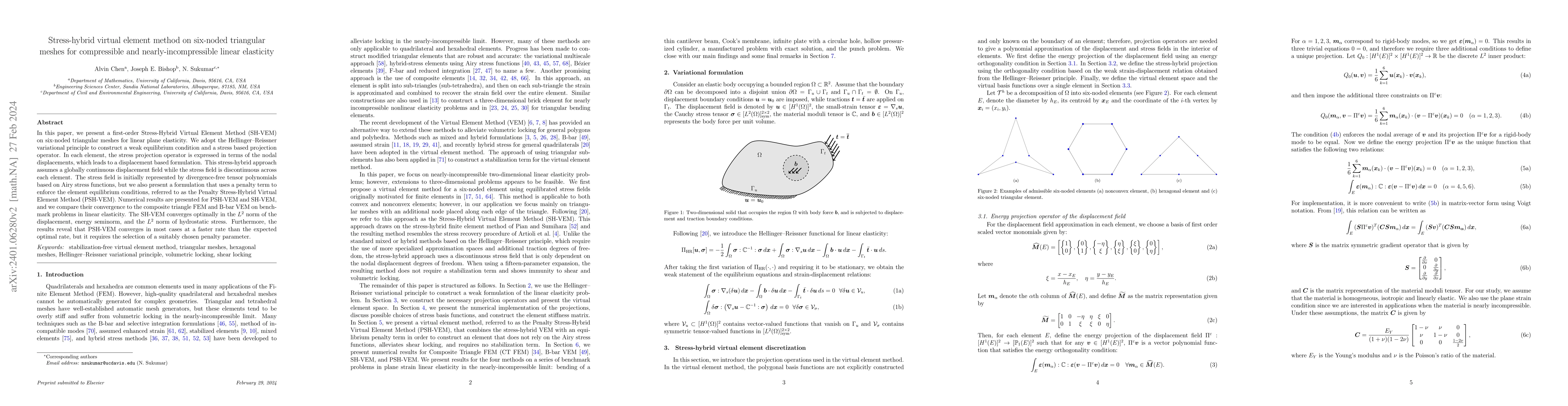 Thumbnail for Stress-hybrid virtual element method on six-noded triangular meshes for
  compressible and nearly-incompressible linear elasticity