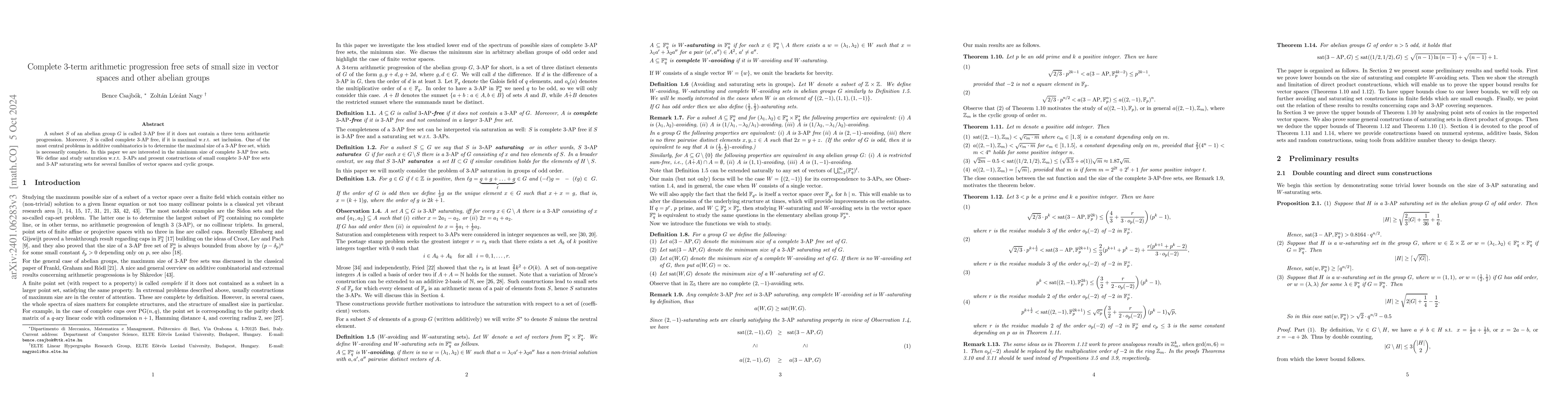 Thumbnail for Complete $3$-term arithmetic progression free sets of small size in
  vector spaces and other abelian groups