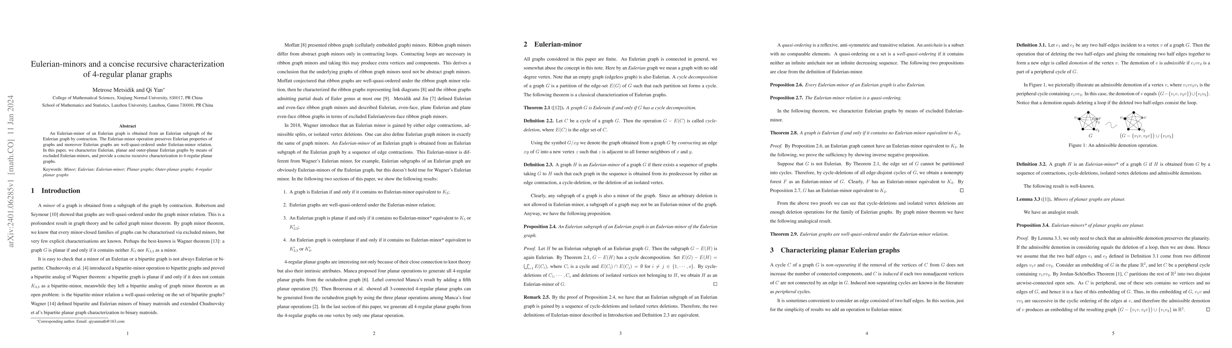 Thumbnail for Eulerian-minors and a concise recursive characterization of 4-regular
  planar graphs