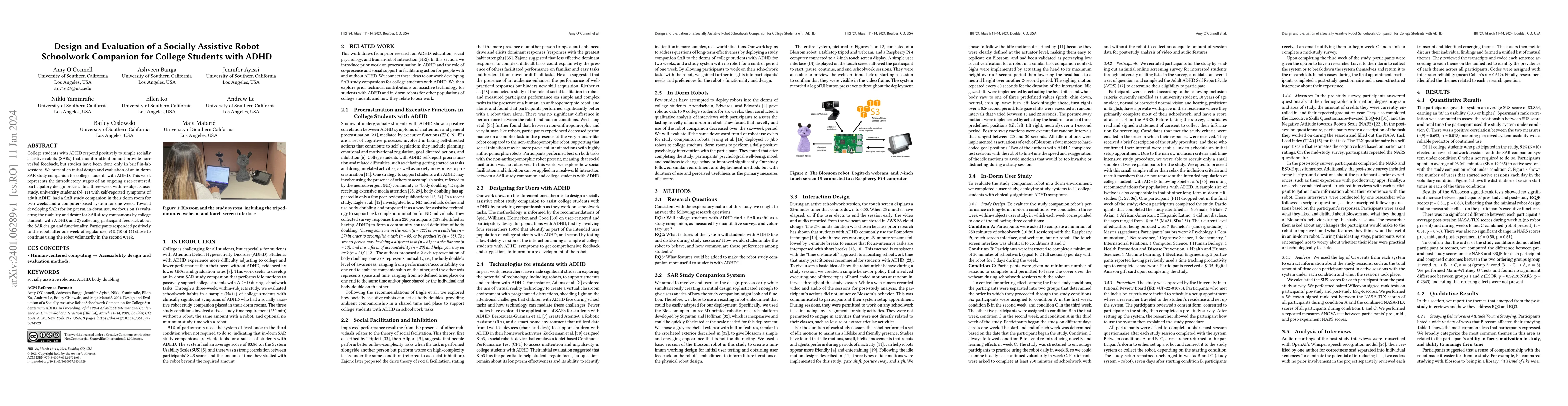 Thumbnail for Design and Evaluation of a Socially Assistive Robot Schoolwork Companion
  for College Students with ADHD
