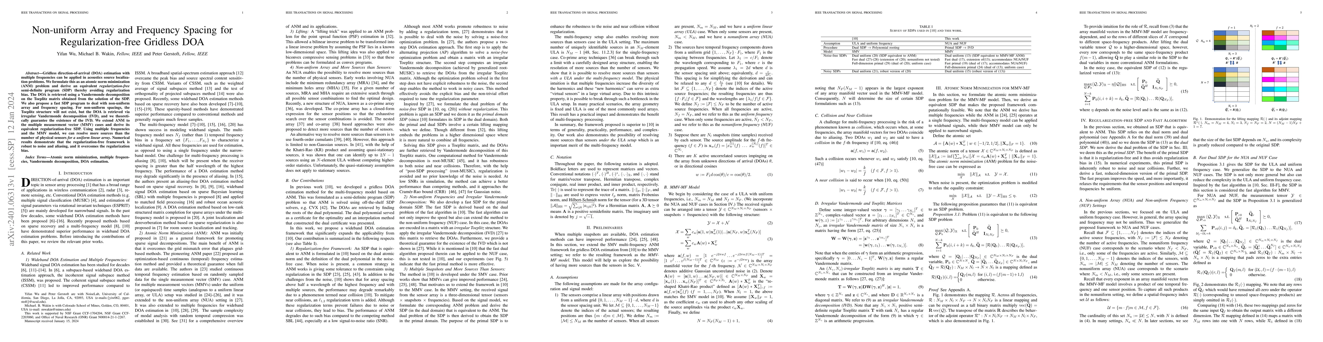 Thumbnail for Non-uniform Array and Frequency Spacing for Regularization-free Gridless
  DOA