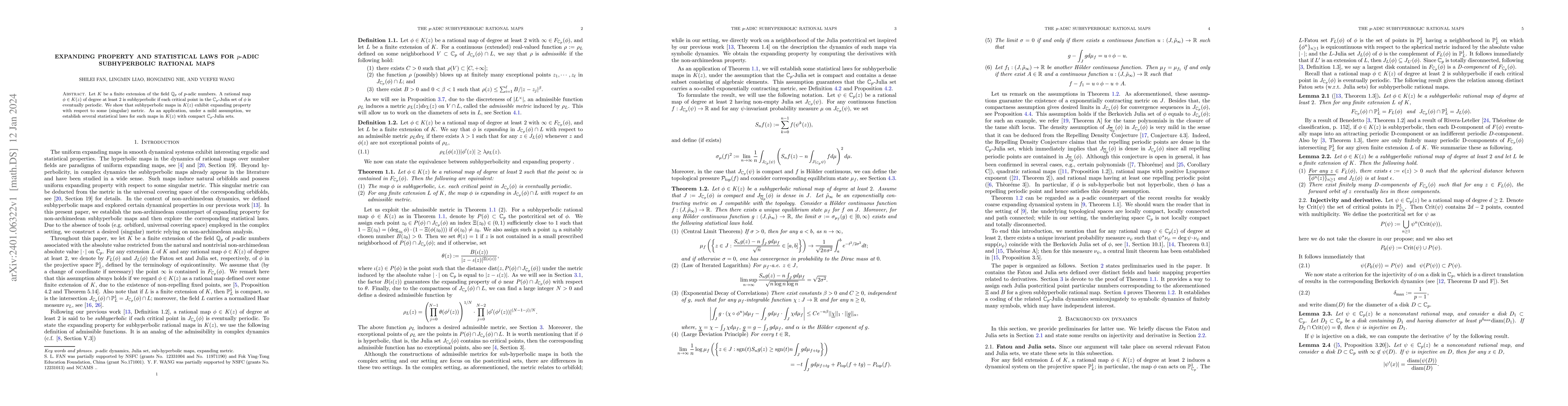 Thumbnail for Expanding property and statistical laws for $p$-adic subhyperbolic
  rational maps