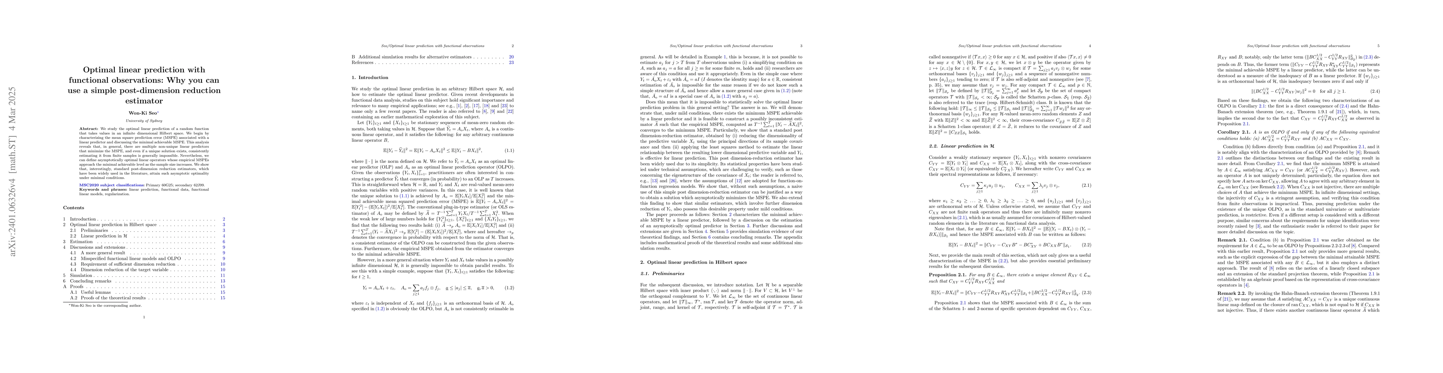 Thumbnail for Optimal linear prediction with functional observations: Why you can use
  a simple post-dimension reduction estimator