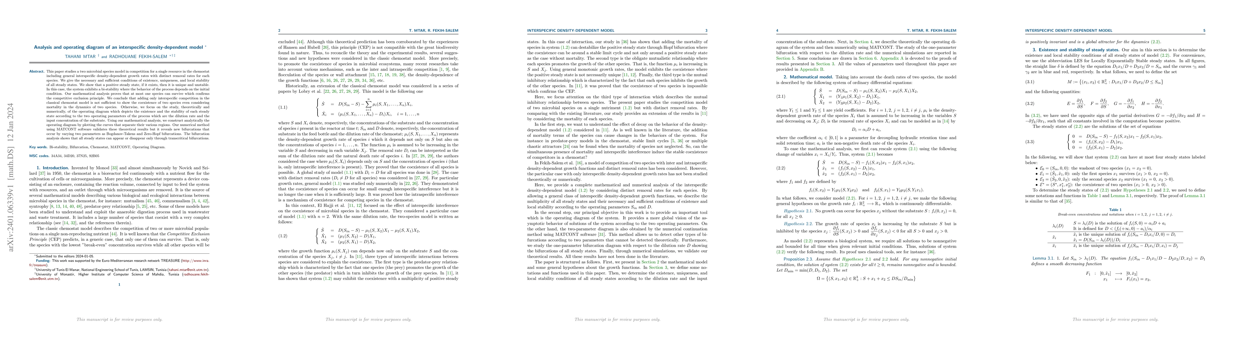 Thumbnail for Analysis and operating diagram of an interspecific density-dependent
  model