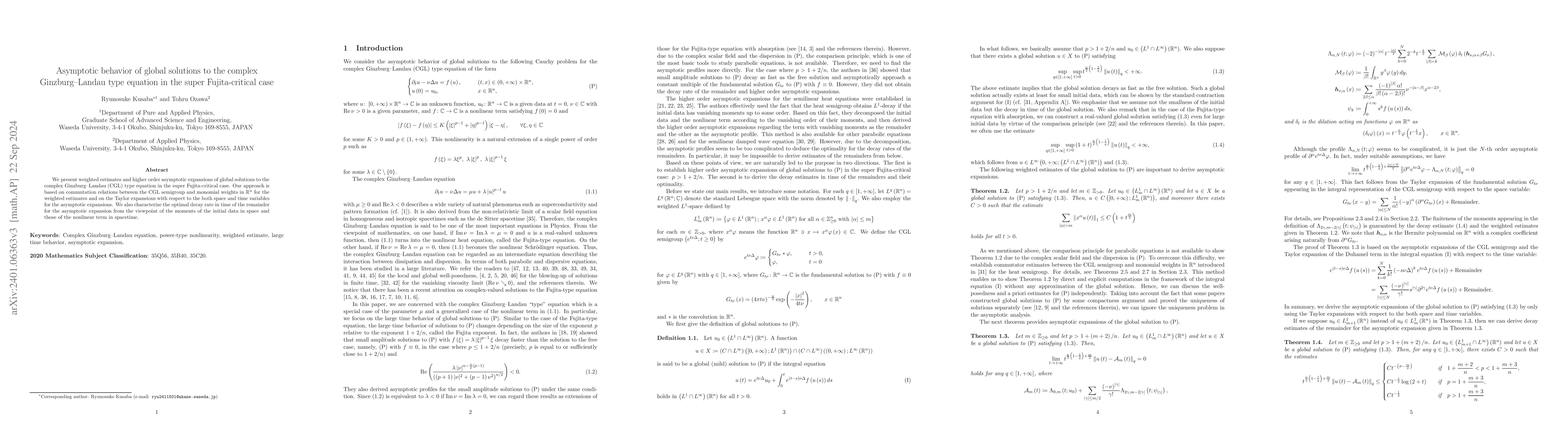 Thumbnail for Asymptotic behavior of global solutions to the complex Ginzburg--Landau
  type equation in the super Fujita-critical case