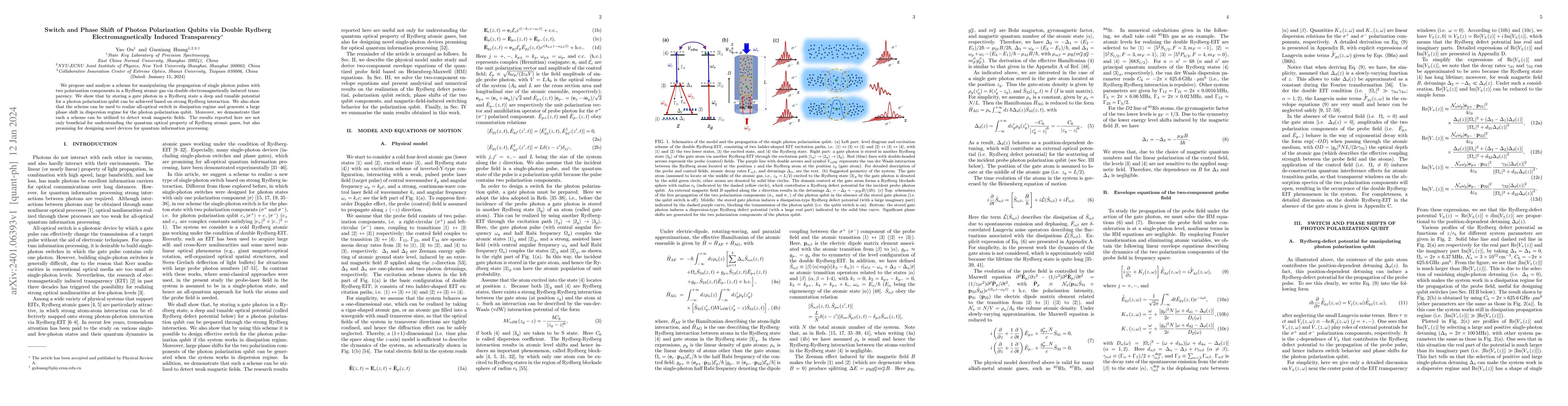 Thumbnail for Switch and Phase Shift of Photon Polarization Qubits via Double Rydberg
  Electromagnetically Induced Transparency