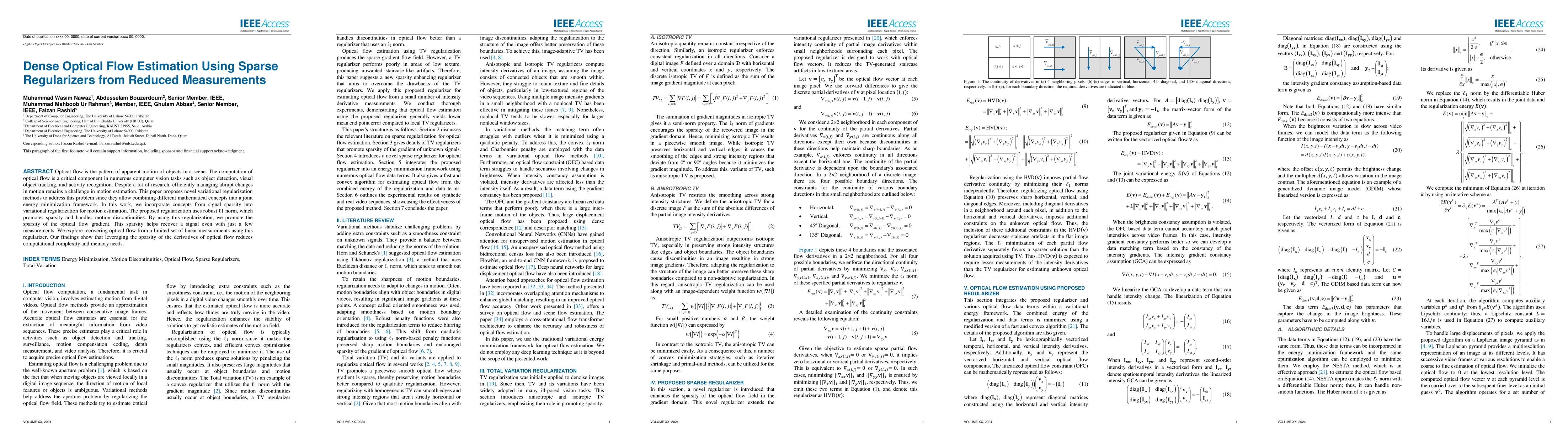 Thumbnail for Dense Optical Flow Estimation Using Sparse Regularizers from Reduced
  Measurements