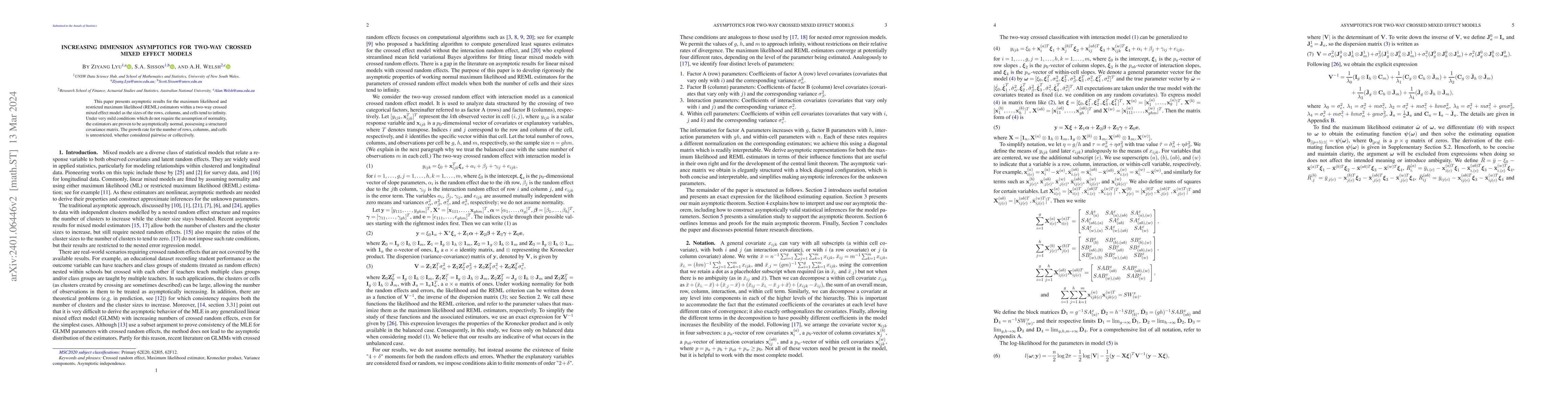 Thumbnail for Increasing dimension asymptotics for two-way crossed mixed effect models