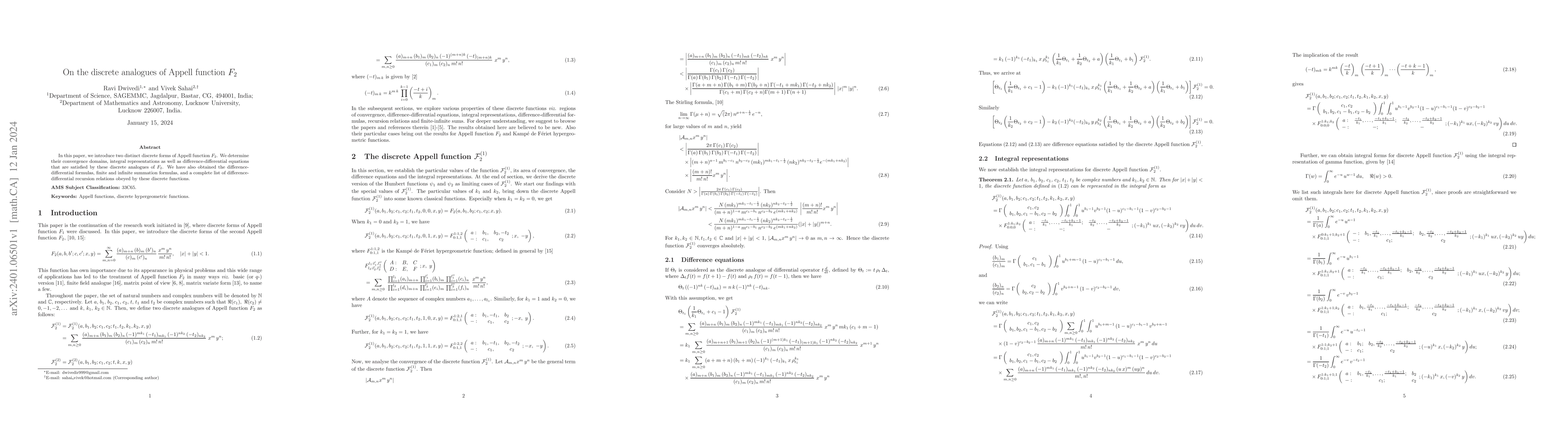 Thumbnail for On the discrete analogues of Appell function $F_2$