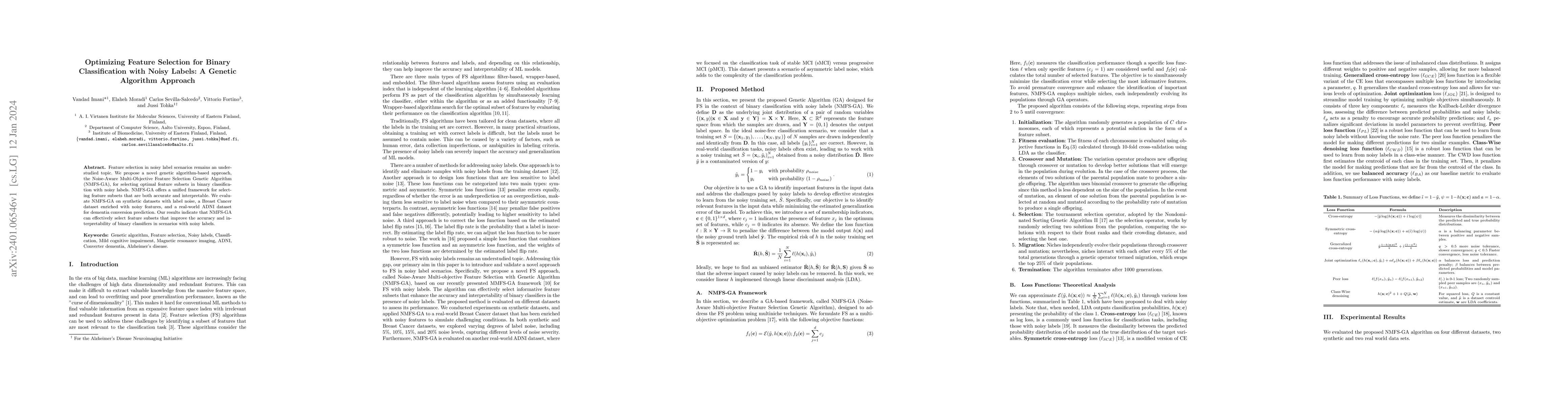 Thumbnail for Optimizing Feature Selection for Binary Classification with Noisy
  Labels: A Genetic Algorithm Approach