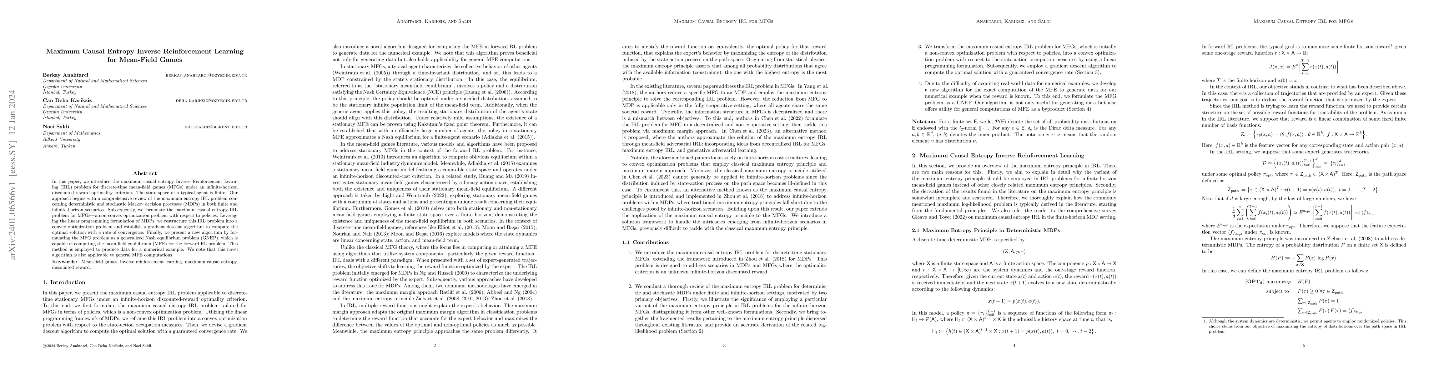 Thumbnail for Maximum Causal Entropy Inverse Reinforcement Learning for Mean-Field
  Games