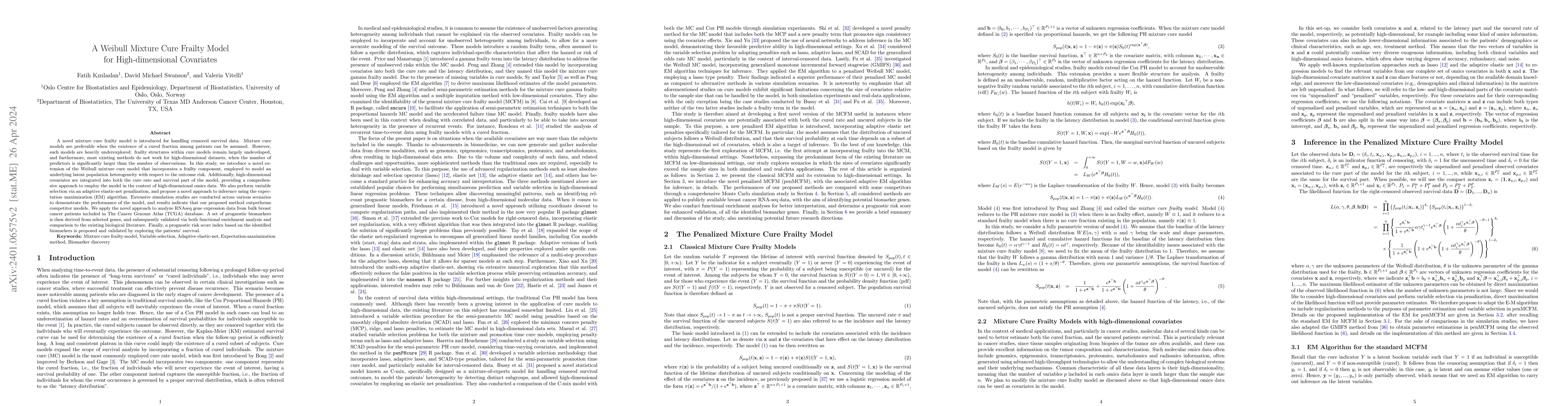 Thumbnail for A Weibull Mixture Cure Frailty Model for High-dimensional Covariates