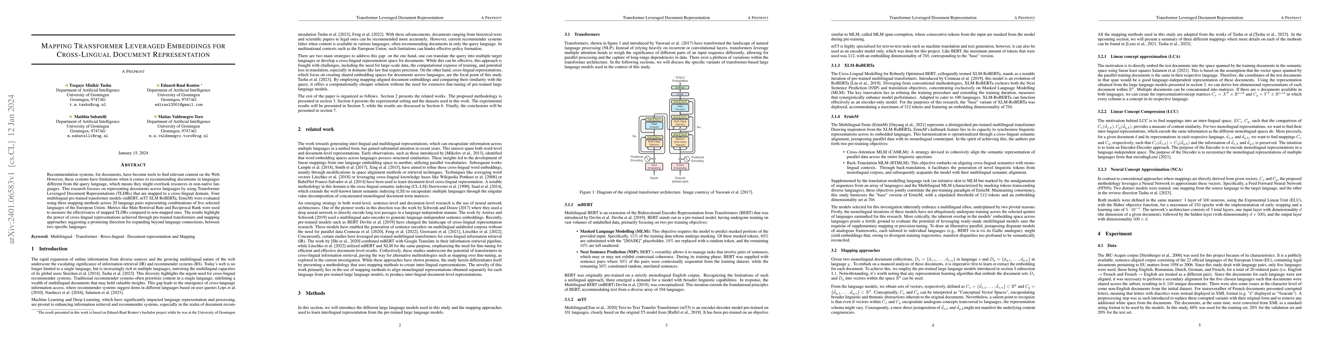 Thumbnail for Mapping Transformer Leveraged Embeddings for Cross-Lingual Document
  Representation
