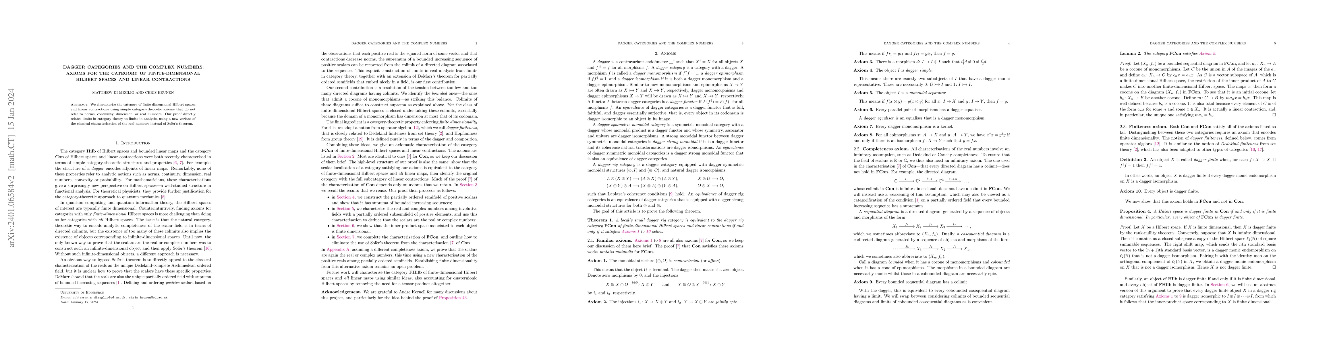 Thumbnail for Dagger categories and the complex numbers: Axioms for the category of
  finite-dimensional Hilbert spaces and linear contractions