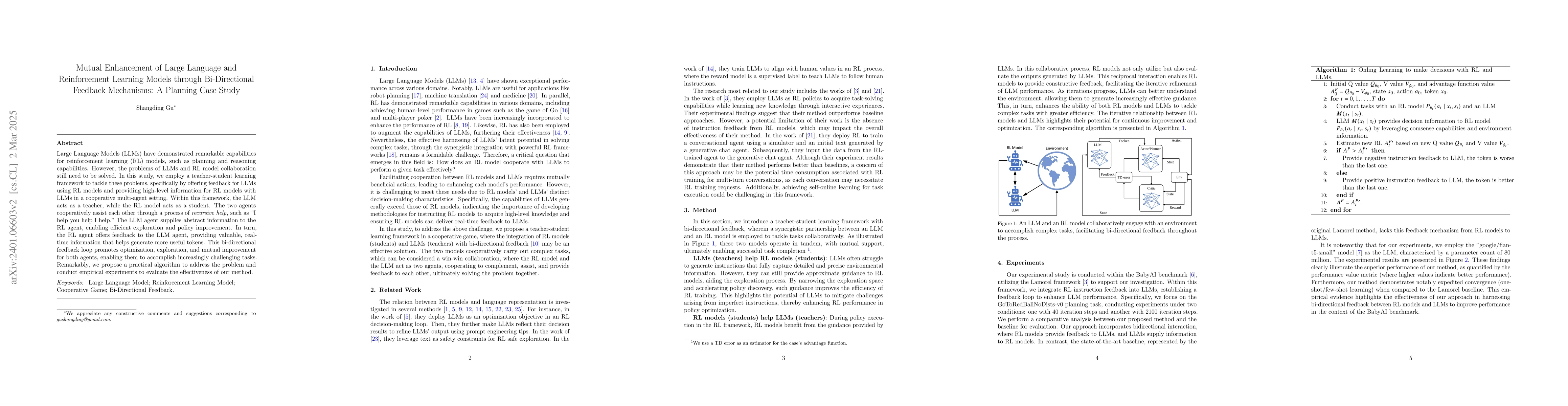 Thumbnail for Mutual Enhancement of Large Language and Reinforcement Learning Models
  through Bi-Directional Feedback Mechanisms: A Case Study