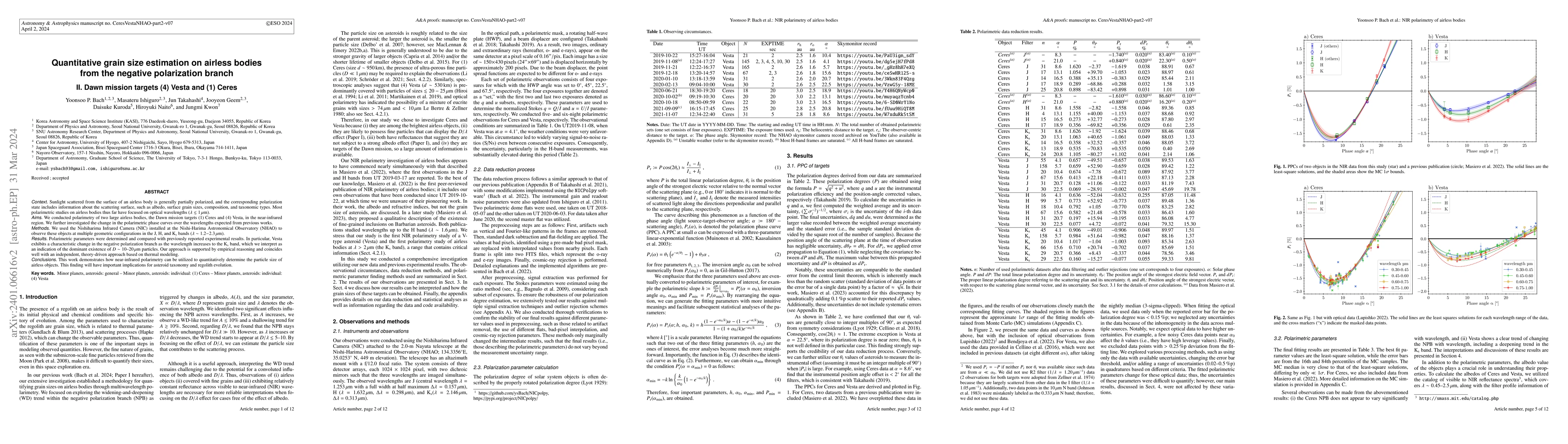 Thumbnail for Quantitative grain size estimation on airless bodies from the negative
  polarization branch. II. Dawn mission targets (4) Vesta and (1) Ceres