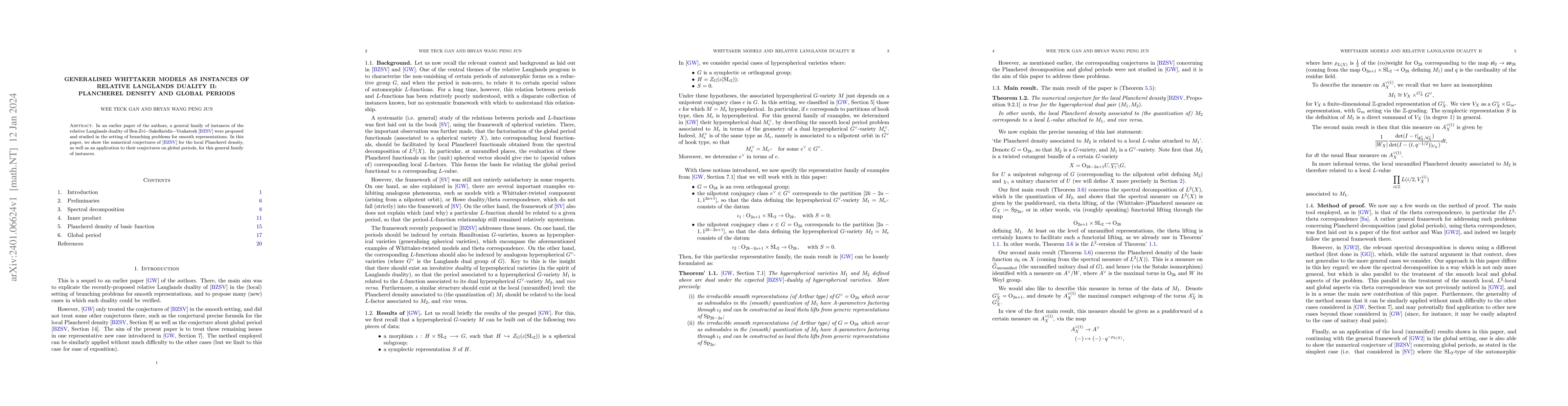 Thumbnail for Generalised Whittaker models as instances of relative Langlands duality
  II: Plancherel density and global periods