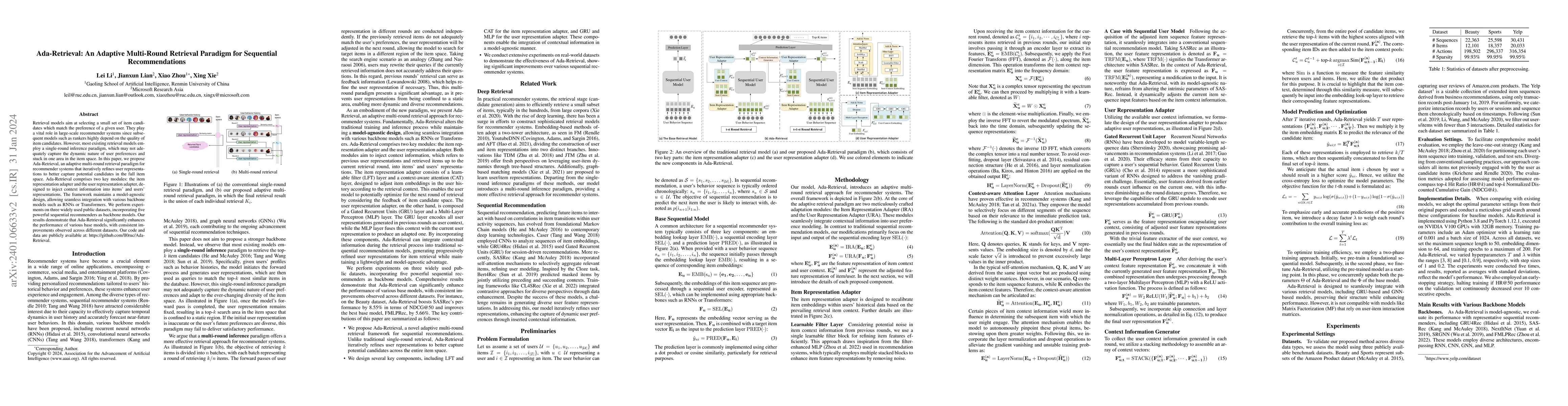 Thumbnail for Ada-Retrieval: An Adaptive Multi-Round Retrieval Paradigm for Sequential
  Recommendations