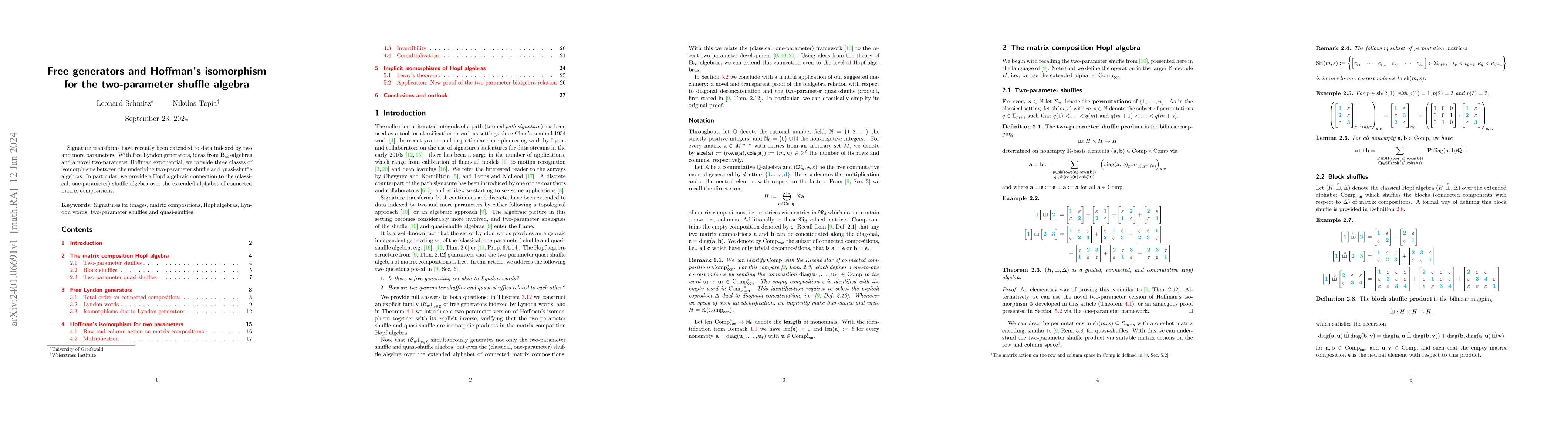 Thumbnail for Free generators and Hoffman's isomorphism for the two-parameter shuffle
  algebra