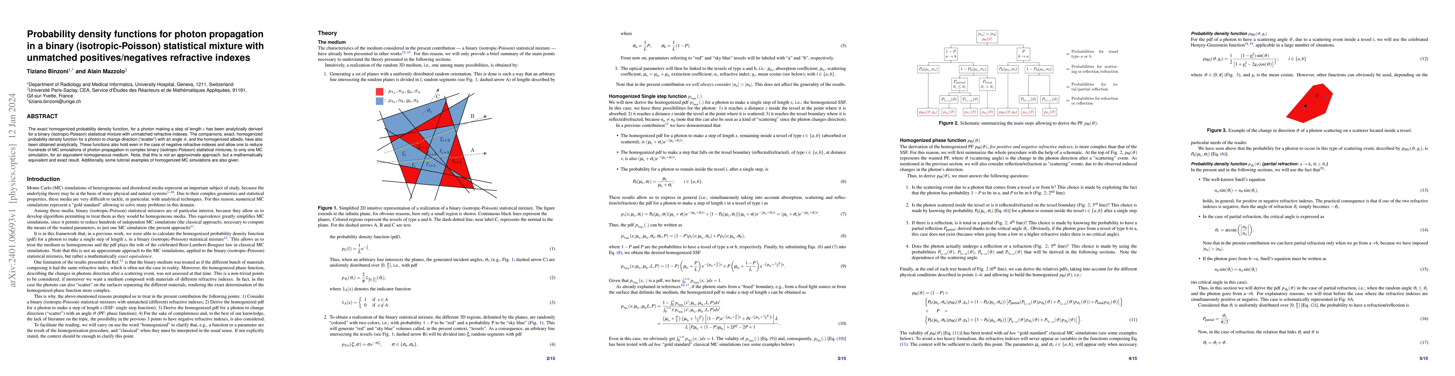 Thumbnail for Probability density functions for photon propagation in a binary
  (isotropic-Poisson) statistical mixture with unmatched positives/negatives
  refractive indexes