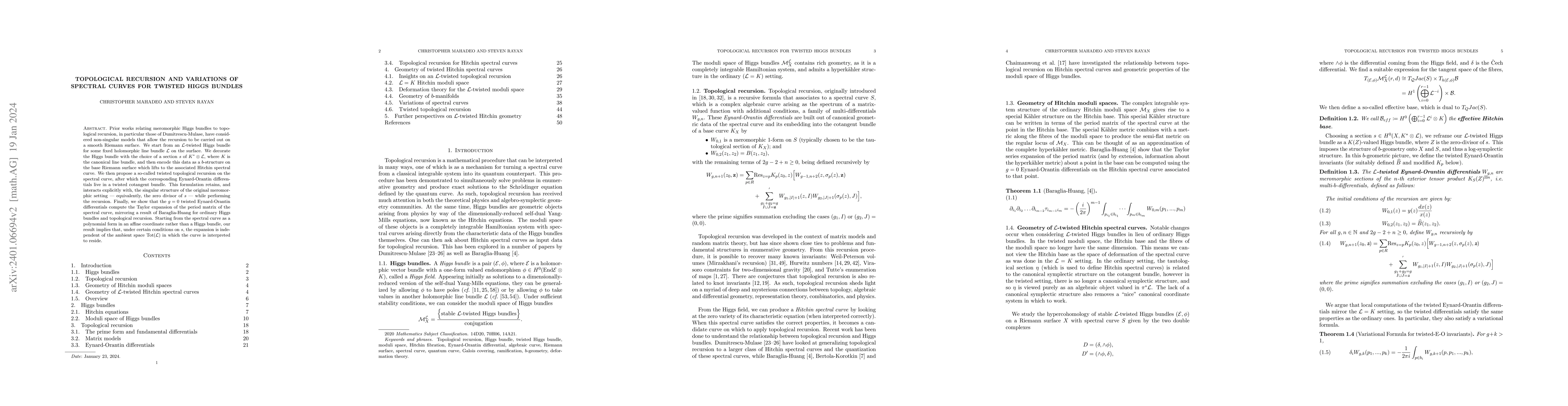Thumbnail for Topological recursion and variations of spectral curves for twisted
  Higgs bundles