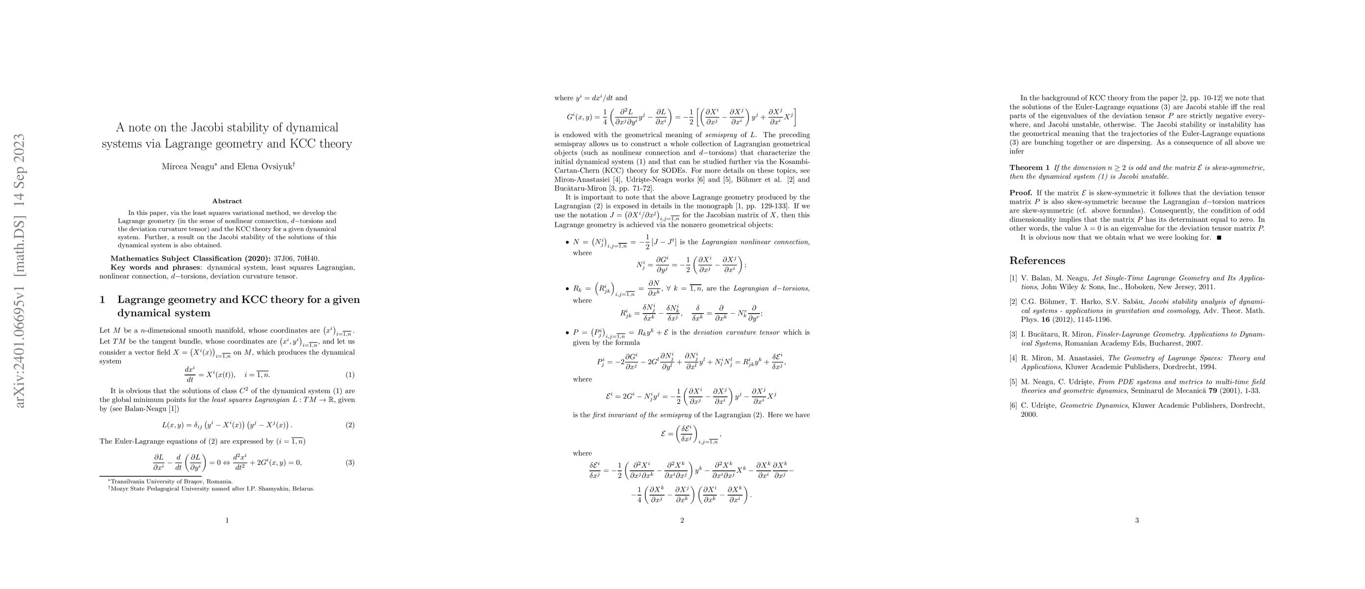 Thumbnail for A note on the Jacobi stability of dynamical systems via Lagrange
  geometry and KCC theory