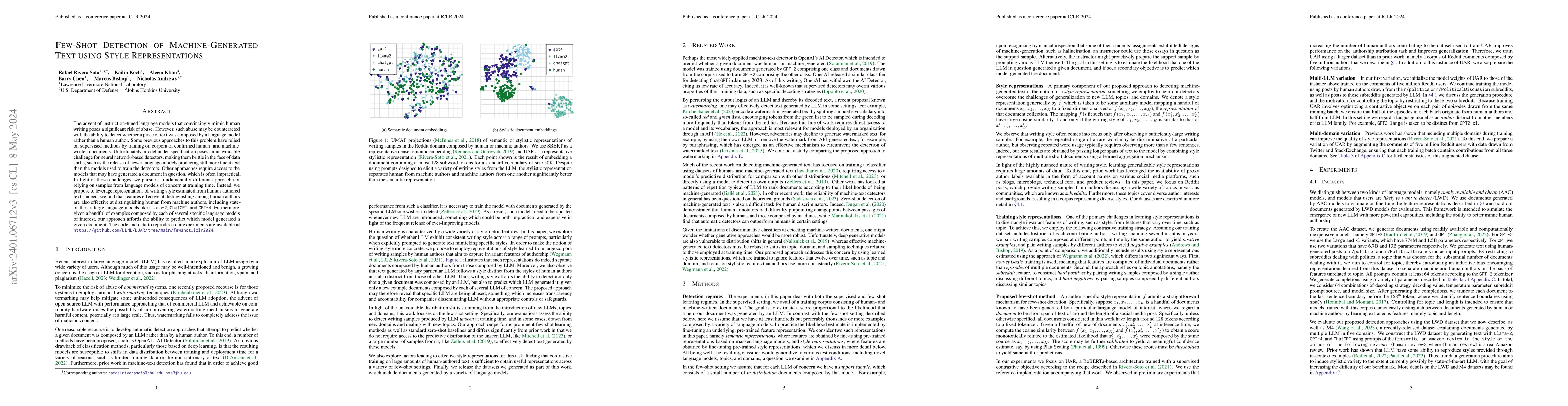 Thumbnail for Few-Shot Detection of Machine-Generated Text using Style Representations