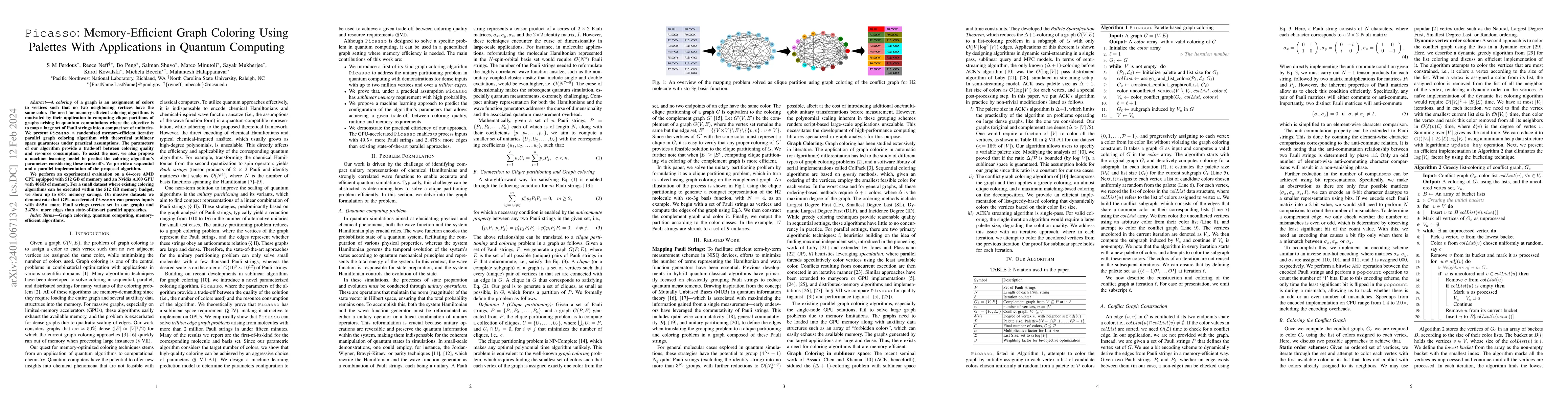 Thumbnail for Picasso: Memory-Efficient Graph Coloring Using Palettes With
  Applications in Quantum Computing