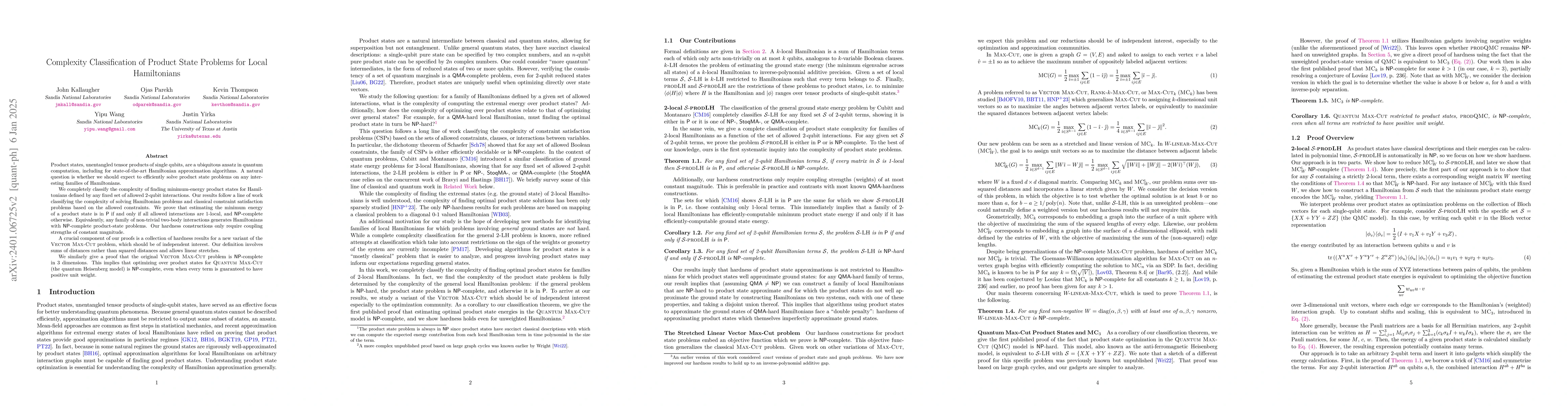 Thumbnail for Complexity Classification of Product State Problems for Local
  Hamiltonians