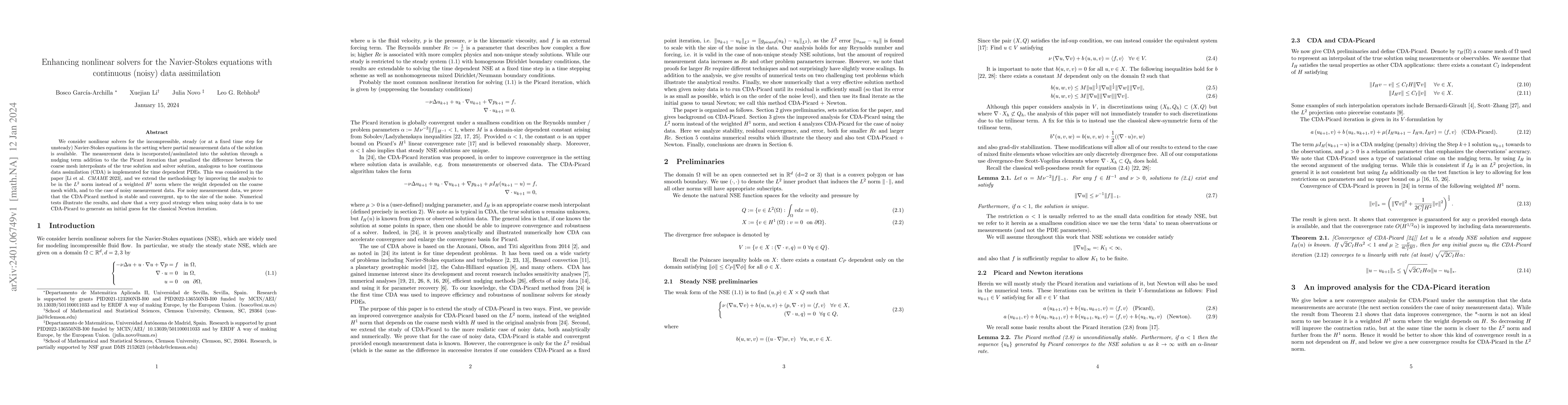 Thumbnail for Enhancing nonlinear solvers for the Navier-Stokes equations with
  continuous (noisy) data assimilation