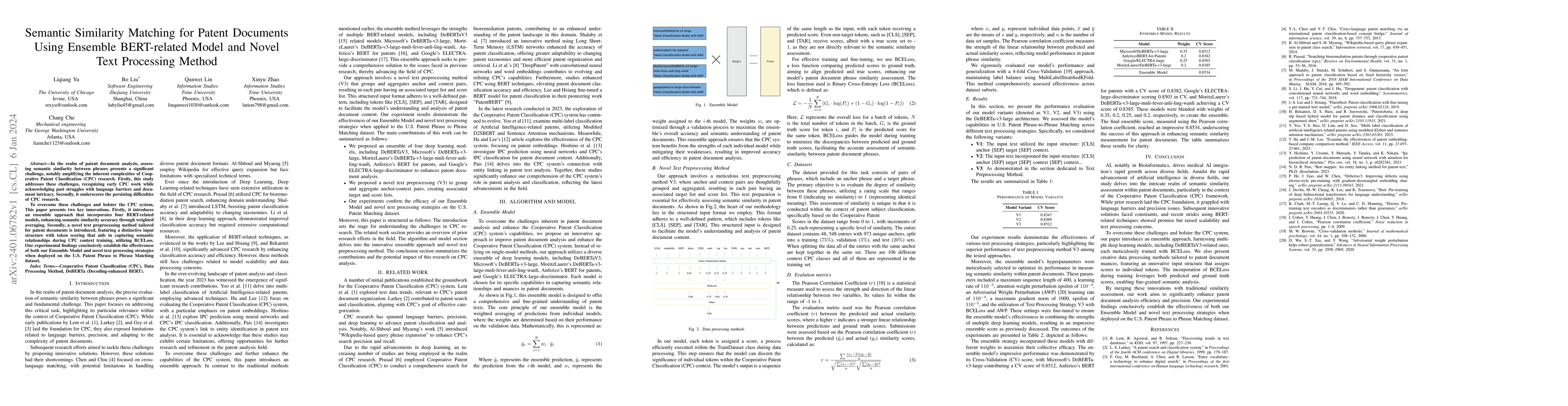 Thumbnail for Semantic Similarity Matching for Patent Documents Using Ensemble
  BERT-related Model and Novel Text Processing Method